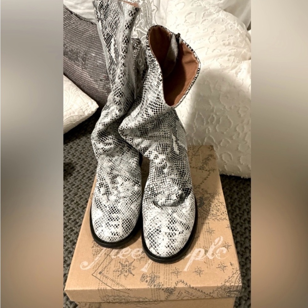Free People Black and White Snakeskin Heeled Boots